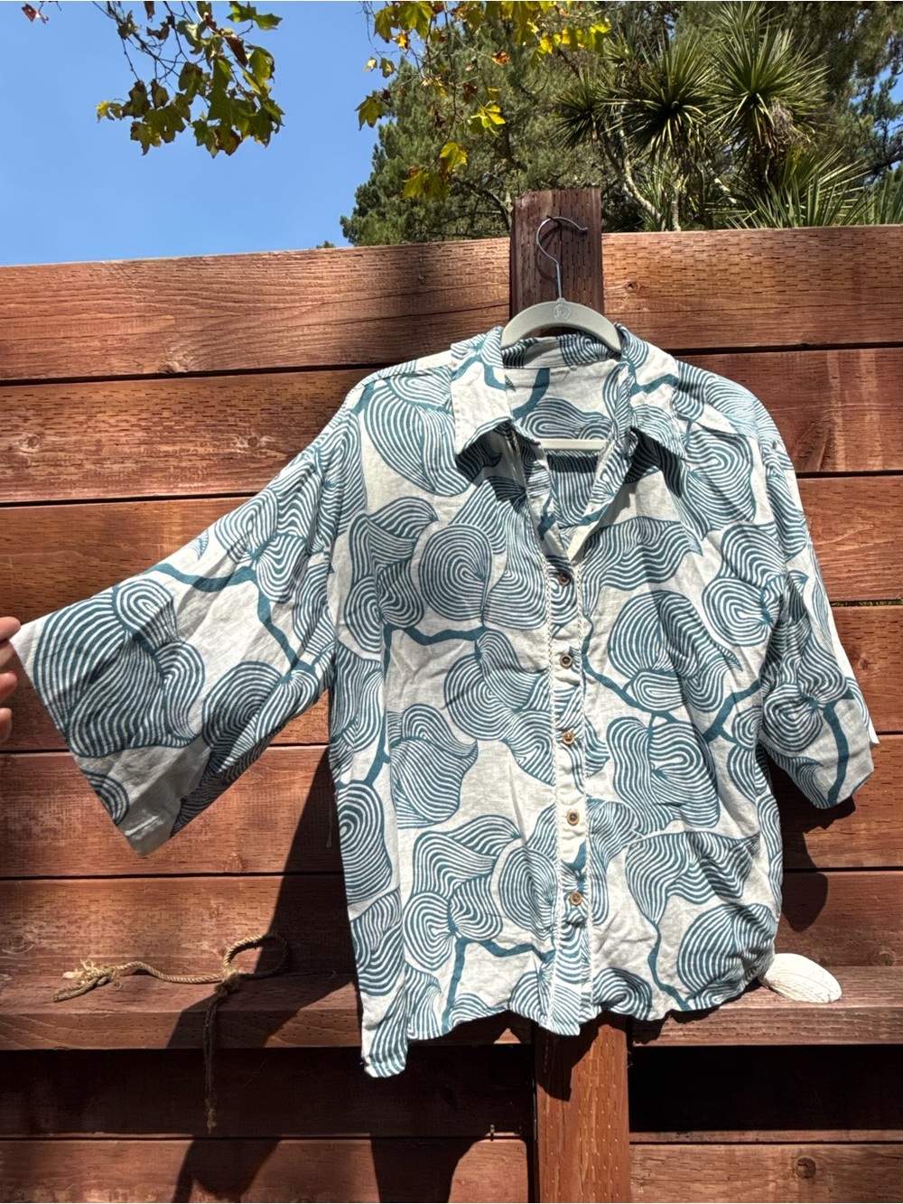 Women's Button-Front Printed Blouse - Teal White